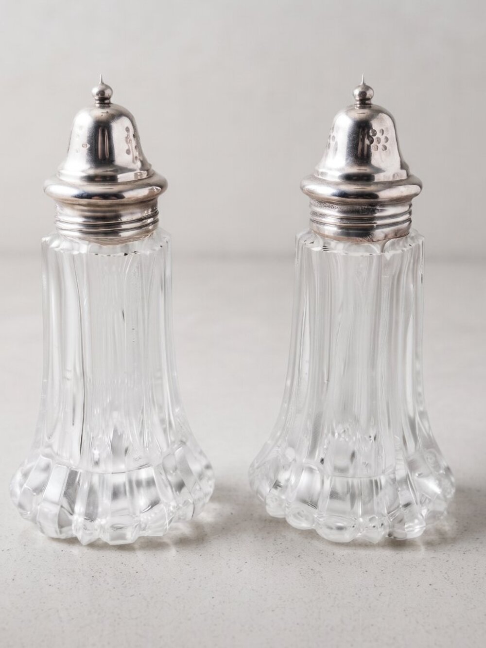 Vintage Ribbed Crystal Glass Salt & Pepper Shakers Silver Plate Tops England